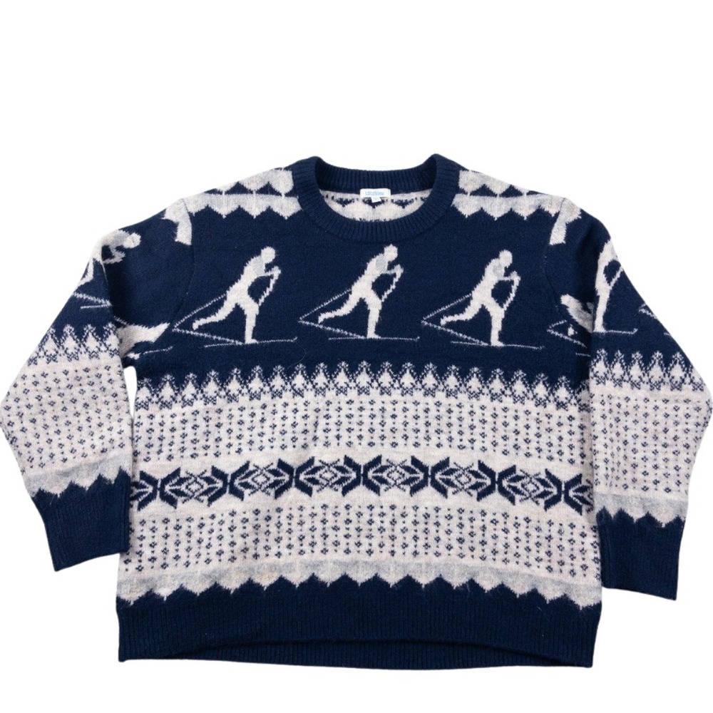 Cocobleu Knit Sweater Womens Large Navy Ski Fair Isle Crosscountry Winter Retro